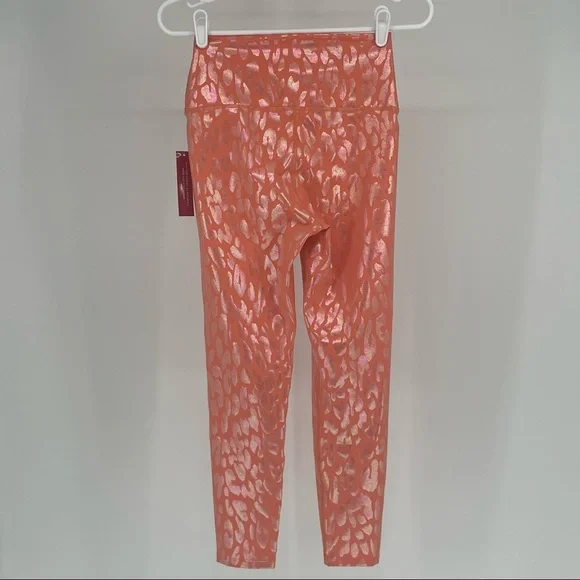 CARBON38 NWT HIGH RISE 7/8TH METALLIC FOIL LEOPARD PRINT LEGGINGS PINK PEACH XS - Picture 5 of 11
